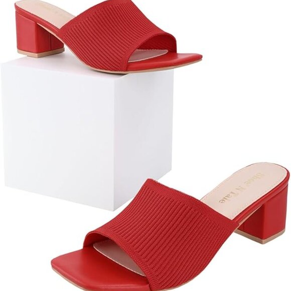 Womens Size 6 Heeled Sandals Square Open Toe Heeled Mules Chunky Block RED - Picture 5 of 13